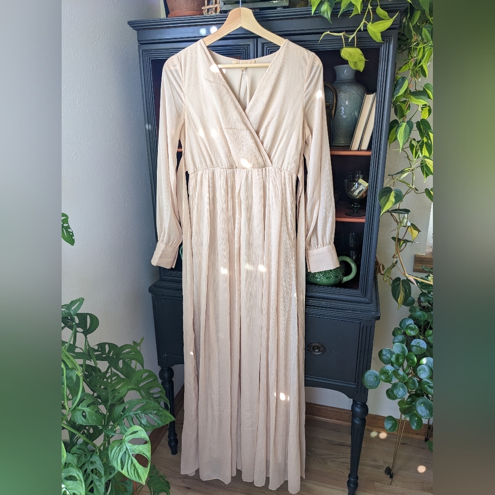 Pinkblush cream Metallic Chiffon Maternity Maxi Dress